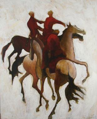 Titre: Trois cavaliers rouges, Artiste: Dehareng, Marc